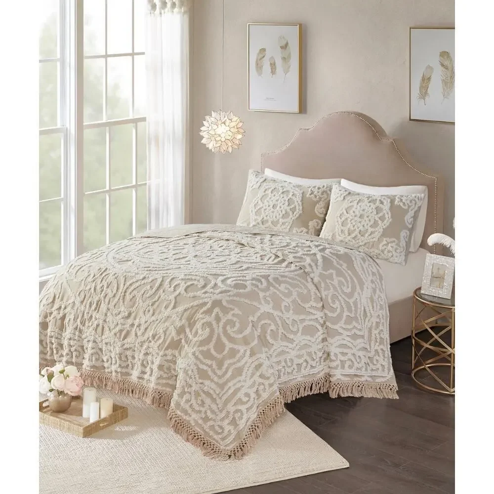 Madison Park King Bedspread Set Beige Chenille Tufted 3pc Luxury Bedding
